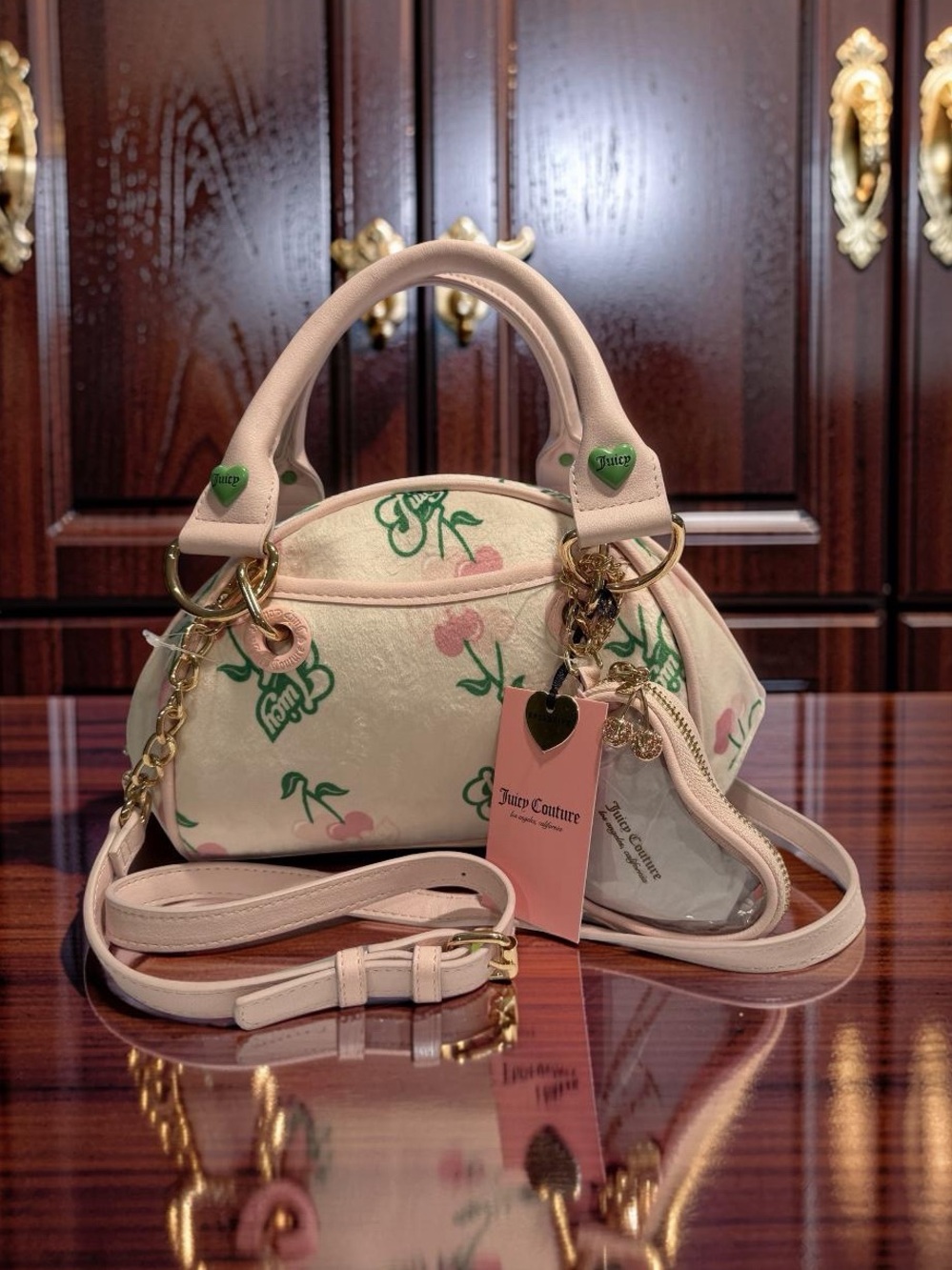 Juicy Couture NWT Pink Cherry-Print Mini Satchel Crossbody & Gold Accents (P240) - Picture 1 of 15